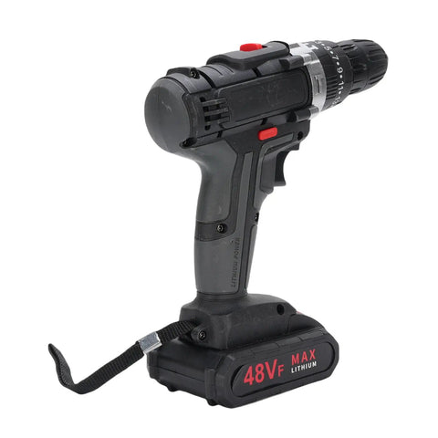 Badass Brushless Cordless Drill Set With A Beefy 350 Watt Motor And Swift 1450Rpm Speed For Straight Up Heavy Duty Wood And Steel Drilling Tasks Plus Twin Batteries And Carry Case, side view of cordless drill with battery.