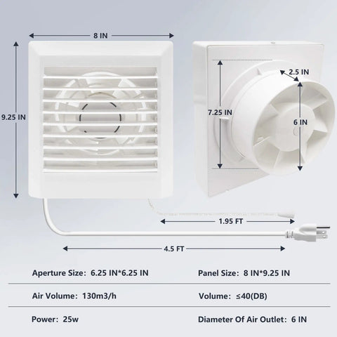 Solid Build Window Shutter Exhaust Fan Boasting Intake And Exhaust Modes Wall Mounted Ventilation Blower For Bathroom Kitchen Attic Garage Workshop Nine Point Five Inch dimensions with air outlet details.