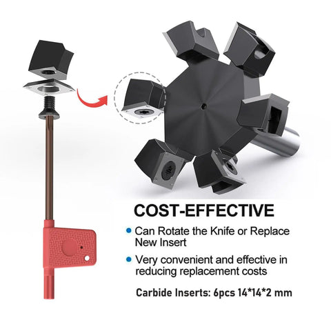Slab Flattening Router Bit With Half Inch Shank And Six Wing Design For Fast Wood Surfacing, 3 Inch Cutting Diameter, Carbide Inserts 14x14x2mm close-up