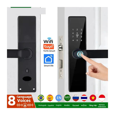 WiFi Smart Door Lock With Fingerprint Keyless Entry Electronic Security System App Control Passcode And IC Card Backup Built In Voice Prompt showing control panel and fingerprint scanner.