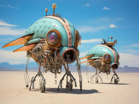 Airship Fantasy Jigsaw Puzzle For Adults, Teens, And Kids 14 Plus artwork showing mechanical flying creatures in a desert landscape