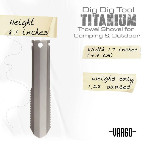 Ultralight Titanium Dig Dig Tool For Camping And Backpacking, compact trowel shovel shown at 8.1 inches tall and 1.7 inches wide.
