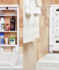 2-In-1 Shower Bench With Storage Cabinet For Easy Pet Bathing And Mess Free Bathroom Organization, white frame, hidden shelves