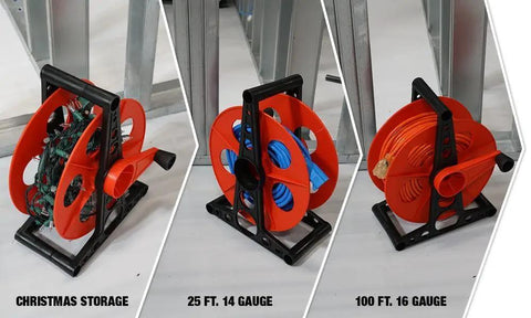 Heavy Duty Workhorse Extension Cord Storage Reel With Side Crank For Indoor And Outdoor Use, red and black, holds various cords