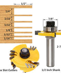 Pro Grade 1/2 Inch Shank Adjustable Three Wing Router Bit Set With Six Tungsten Carbide Widths For Woodworking Projects showing size cutter measurements.