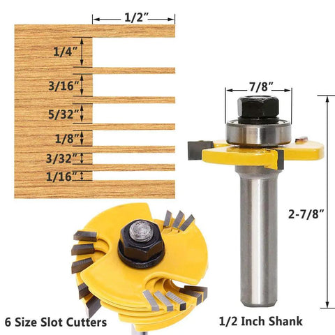 Pro Grade 1/2 Inch Shank Adjustable Three Wing Router Bit Set With Six Tungsten Carbide Widths For Woodworking Projects showing size cutter measurements.