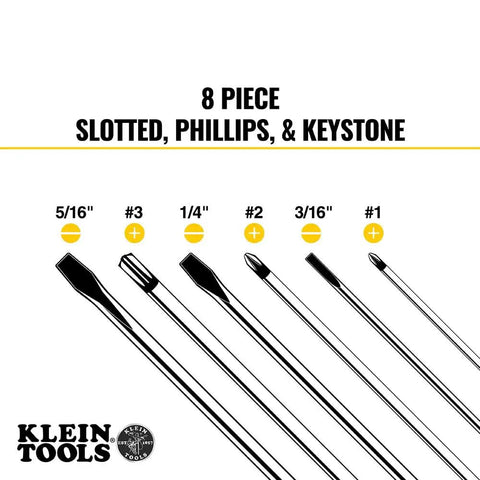 Image showing 8-Piece Screwdriver Set with Slotted, Phillips, Keystone tips including sizes 5/16", 1/4", 3/16".