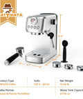 Front view of 20 Bar Espresso Machine With Professional 10mm Milk Frother Steam Wand Stainless Steel Coffee Maker For Home Use Barista Grade Removable 49oz Water Tank Ideal For Cappuccino And Latte Creations with accessories displayed.