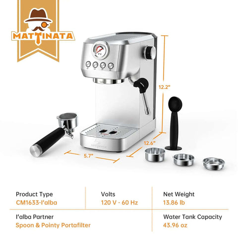 Front view of 20 Bar Espresso Machine With Professional 10mm Milk Frother Steam Wand Stainless Steel Coffee Maker For Home Use Barista Grade Removable 49oz Water Tank Ideal For Cappuccino And Latte Creations with accessories displayed.