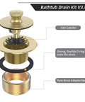 Top Shelf Brushed Gold Bathtub Drain Kit And Overflow Faceplate Built Tough Rust Resistant Metal Fits Standard Pipe Size Zero Hustle Setup Durable Home Bathroom Renovation Must Have components diagram displaying hair catcher, O-ring, and brass adapter.