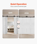 Heavy Duty Bi Folding Sliding Barn Door Hardware Track Kit Fits Four 15 Inch Closet Pantry Or Laundry Doors With Smooth Quiet Operation Easy To Install And Supports Up To 330 Lbs For Commercial And Home Use, shown in open and closed positions.