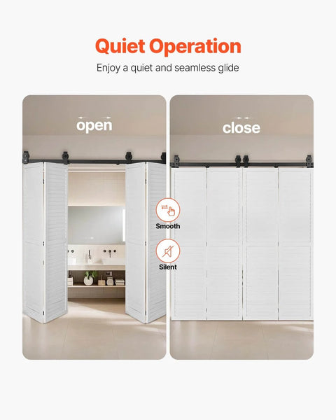 Heavy Duty Bi Folding Sliding Barn Door Hardware Track Kit Fits Four 15 Inch Closet Pantry Or Laundry Doors With Smooth Quiet Operation Easy To Install And Supports Up To 330 Lbs For Commercial And Home Use, shown in open and closed positions.
