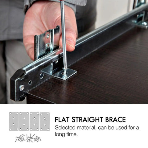 Installing Stainless Steel Straight Flat Brace Brackets For Furniture Support on wooden surface with screwdriver