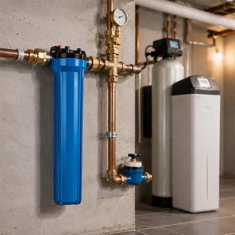 Rock Solid 3 Pack 20 Inch Water Filter Housing With High Flow Design And One Half Inch Ports for commercial kitchen setup.
