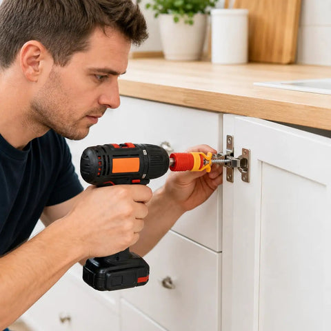 One Hand Drill Bit Guide Compact Screw Holder Clip For Precise Alignment Portable Diy Woodworking Assistant in use for cabinet installation.