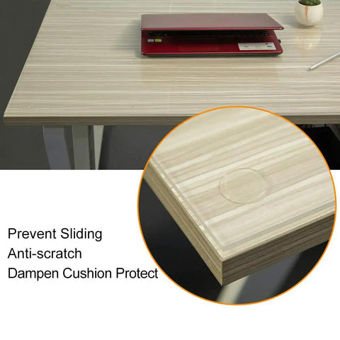 Slick Silicone Adhesive Furniture Pads For Glass Tables And Cabinet Drawers Featuring Dead Quiet Anti Slip Grip on wood tabletop. 