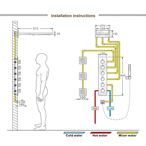 Installation instructions diagram for Modern Matte Black Shower System With Waterfall Rain Head And Durable Handheld Sprayer Wall Mount Tub Spout Multi Jet Body Massage Smart Thermostatic Valve.