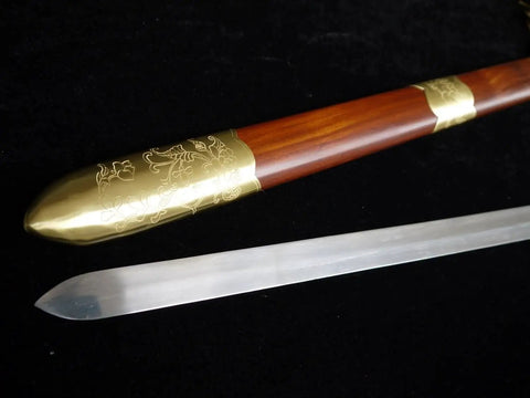 Flexible Tai Chi Sword Hand Forged Damascus Folded Steel Chinese Jian with sandalwood scabbard and unsharpened blade close-up