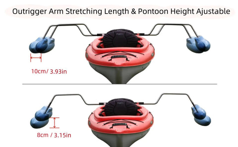Kayak Stabilizers Package With Hard Outrigger Floats Adjustable Stabilizer System for Fishing Kayaks showing length and height adjustment