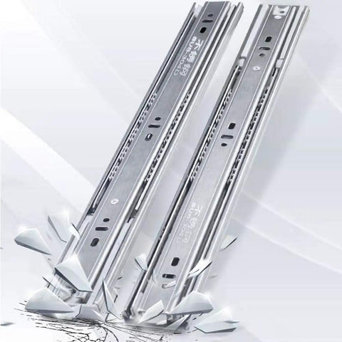 Smooth Glide Drawer Slides Set with stainless steel ball bearing runners for cabinets, full extension and soft close, pair shown.