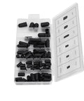Ultimate 80-Piece Rubber Vacuum Cap Assortment Kit With Sizes From 5/32 Inch To 3/8 Inch Hose Ends Perfect For Carburetor Manifolds And Lines On Classic Cars. open case with black rubber vacuum caps
