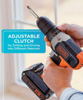 20V Max Cordless Drill And Driver With Long Battery Life, 11 Adjustable Clutch Settings, shown in hand near window, Silver Black Orange.