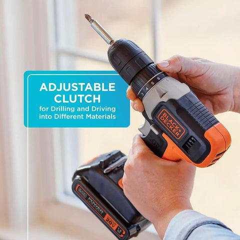 20V Max Cordless Drill And Driver With Long Battery Life, 11 Adjustable Clutch Settings, shown in hand near window, Silver Black Orange.