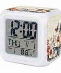 Straight Up Cool Seven Color LED Cube Alarm Clock With Temp And Date Display Vintage Floral Butterfly Night Light smooth silicone snooze switch side view