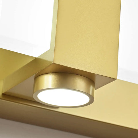 Close-up of a Dimmable Modern Bathroom Vanity Light Over Mirror In Golden Finish LED 5 Light Bar Fixture Slim Angled Design focus detail.
