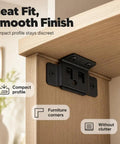 Black corner bracket attached to wooden furniture with text highlights, "Neat Fit, Smooth Finish"
