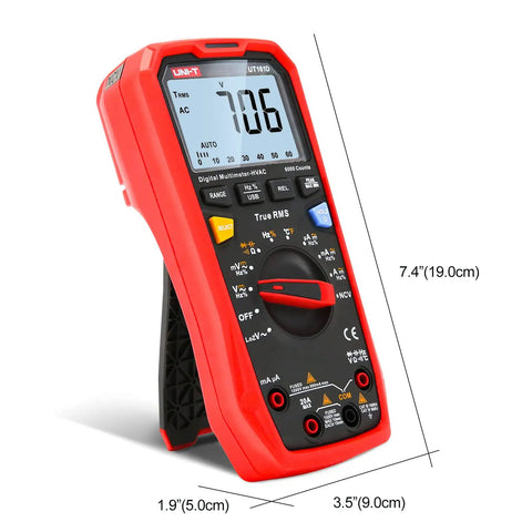 Digital Multimeter Kit for DIYers and pros with True RMS readings up to 1000V AC DC and 20A current, red handheld device with display