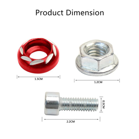 20 Pack M6 Hex Cap Screws And Nuts Assortment Set With Red Aluminum Decorative Washers, featuring red washer, steel nut, and bolt dimensions.