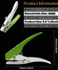 Heavy Duty Single Hole Punch Handheld Paper Punch For Cards Tags Scrapbooks And Crafts Five Sixteenth Inch Eight Millimeter Hole Size, Ergonomic Zinc Alloy Puncher shown with product details and dimensions in black and green color.
