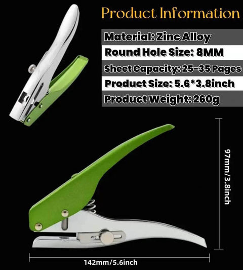 Heavy Duty Single Hole Punch Handheld Paper Punch For Cards Tags Scrapbooks And Crafts Five Sixteenth Inch Eight Millimeter Hole Size, Ergonomic Zinc Alloy Puncher shown with product details and dimensions in black and green color.