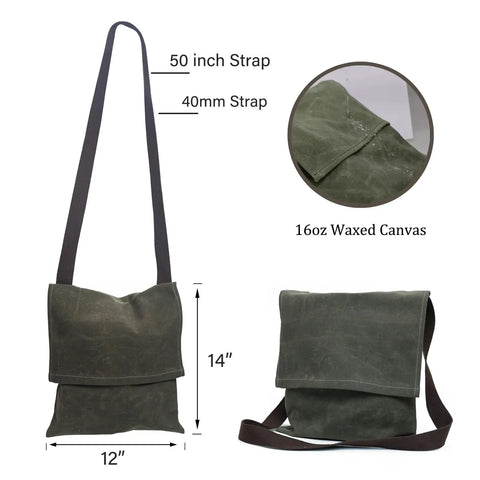 Waxed Canvas Bushcraft Messenger Bag 16oz Durable Haversack With Pocket For Gardening And Camping Antique Olive Small Size