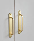 7.56 Inch Cabinet Handles In Brushed Brass mounted on gray cabinet doors with backplate and spacer, 2 pack bar cabinet pulls for dresser