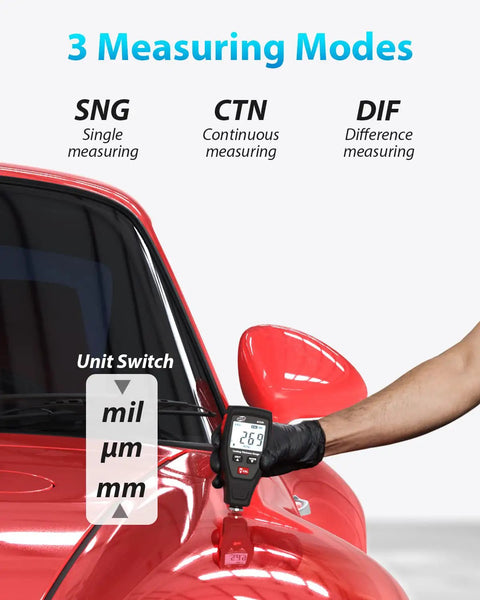 Digital Paint Coating Thickness Meter 0 To 1800 Micrometers With LCD Backlit Rotating Screen Pro Grade Auto Substrate Recognition Ferrous And Non Ferrous Gauge For Checking Car Original Coating And Paint Depth, hand testing red car paint