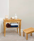 Bamboo Shower Bench With Underneath Storage Shelf For Indoor Or Outdoor Use Wood Spa Bath Organizer Seat And Foot Stool Sturdy 250 Pound Capacity Non Slip Pads Smooth Corners And Durable Craftsmanship.