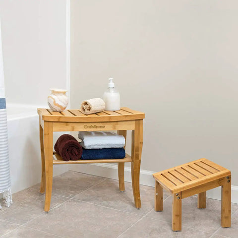 Bamboo Shower Bench With Underneath Storage Shelf For Indoor Or Outdoor Use Wood Spa Bath Organizer Seat And Foot Stool Sturdy 250 Pound Capacity Non Slip Pads Smooth Corners And Durable Craftsmanship.
