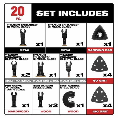 20 Piece Titanium Enhanced Bi Metal Oscillating Multi Tool Blade Kit For Soft Metal And Multi Material Projects Includes blades and pads