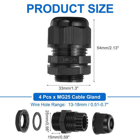 4 Pack M25 Cable Glands Waterproof Nylon Joint 13 To 18mm Hole For Cable Fixing Wiring Repairs Gland Replacement Electrical Appliances Black Weatherproof Dustproof Enclosures Industrial Grade For DIY Pros, 54x33mm size