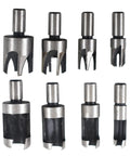 Top Shelf Heavy Duty Titanium Coated Wood Plug Hole Cutter Set Packing Eight Badass Dowel Borer Bits in various sizes and designs.
