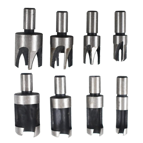 Top Shelf Heavy Duty Titanium Coated Wood Plug Hole Cutter Set Packing Eight Badass Dowel Borer Bits in various sizes and designs.