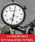 Pro Grade Dial Indicator Set With Jewel Bearing and Case, white face close-up, metalworking and machining focus