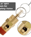 Quarter inch 140 PSI safety valve from Five Piece Quarter Inch Compressor Air Tank Fittings Kit with detailed close-up