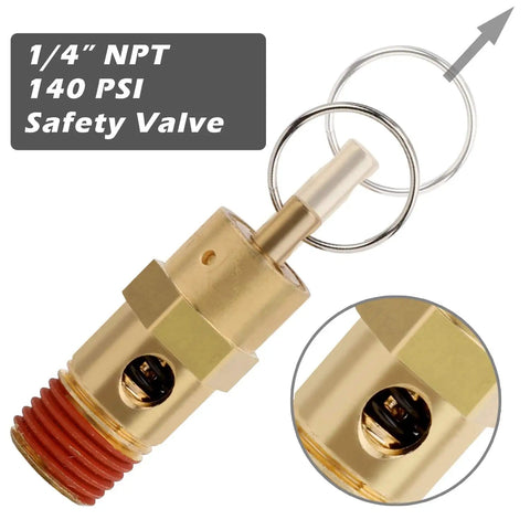 Quarter inch 140 PSI safety valve from Five Piece Quarter Inch Compressor Air Tank Fittings Kit with detailed close-up