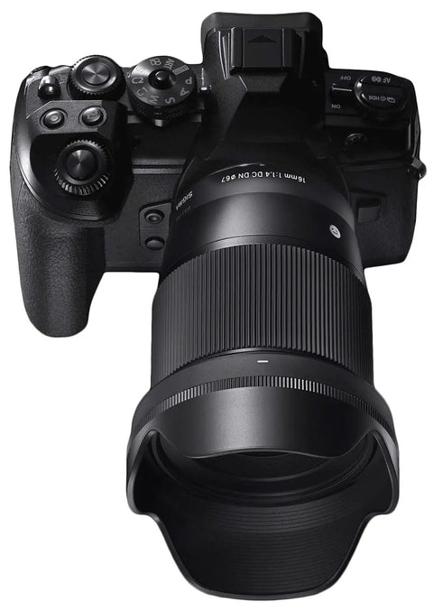 16mm F1.4 DC DN Contemporary Wide Angle Prime Lens For Sony E Mount Low Light Boss with camera attached, front view