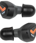 Jobsite Bluetooth Earbuds With 28 dB Noise Reduction Memory Foam Tips For Comfort Wireless Hearing Protection Clear Stereo Audio 15 Hour Playtime With Charging Case Bluetooth Five Point Zero shown in close-up view with black memory foam tips and brand logo visible.