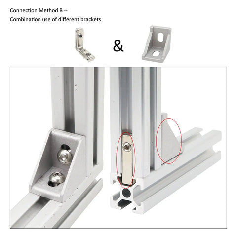 L Shape Corner Connector Bracket Set For 20x20 Aluminum Extrusion Profiles 6mm Slot with brackets installed showing connection method B