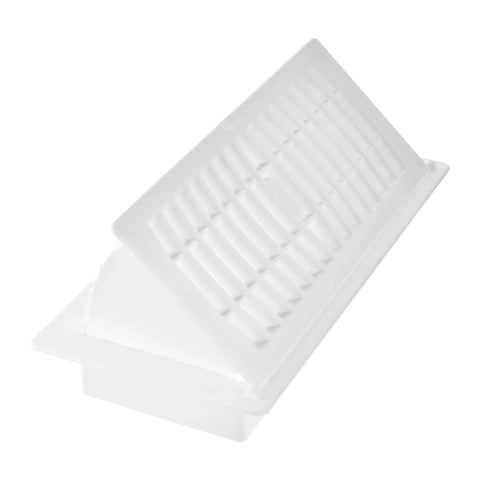 Pop Up Floor Register 4 By 10 Inch White Pack Of Five With Air Deflector, High Impact Polystyrene Construction, angled view